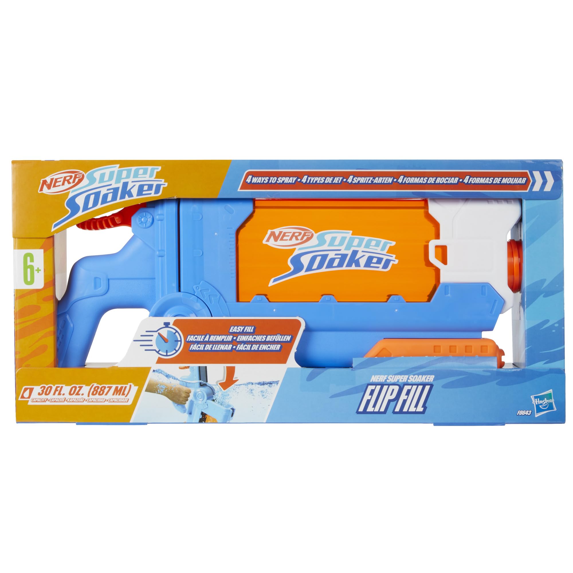 Nerf Super Soaker Flip Fill Water Blaster, 4 Spray Styles, Fast Fill, 30 Fluid Ounce Tank, Water Toys for 6 Year Old Boys & Girls & Up