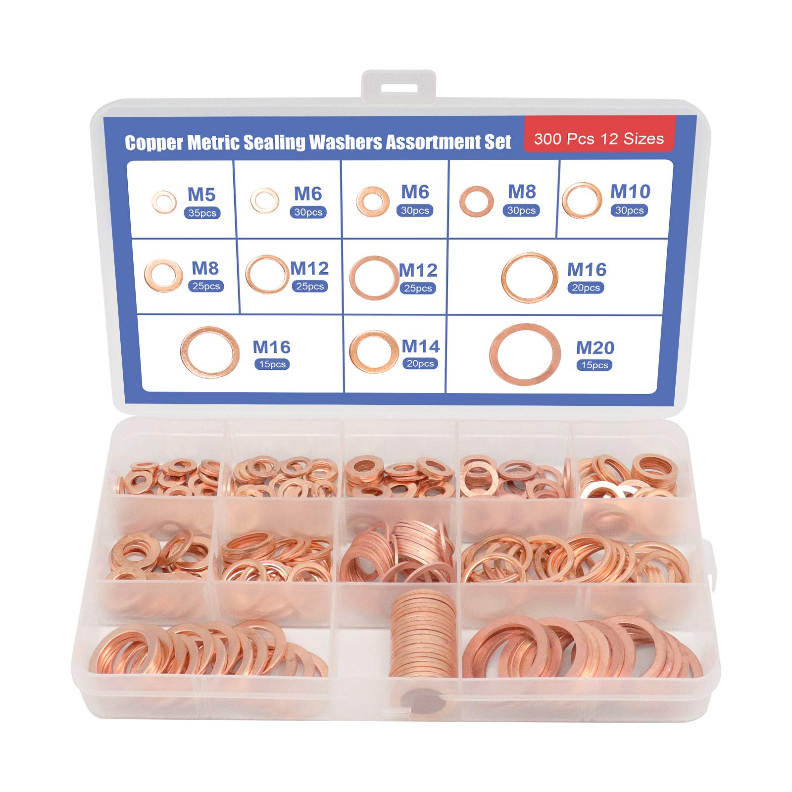 XTVTX 300 Pieces 12 Sizes Copper Washer Assortment Set O Ring Sealing Copper Gaskets Set Suitable for Fuel Accessories(M5-M20)