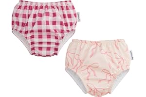 Tiny Twinkle Pull-Up Reusable Swim Diapers 2-Pack | Waterproof and UPF 50+ Sun Protection | Lightweight and Absorbent | Machine Washable(Raspberry Gingham,Bubblegum Bows,12-18M) - 1