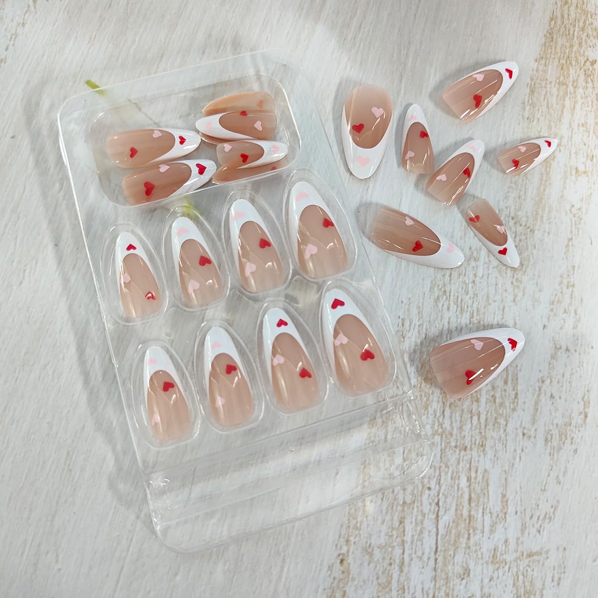 24pcs Heart Press-on Nails - Almond Valentines Fake Nails, Medium French Tip, Cute Hearts Designs, Glossy Acrylic, Reusable - Image 4