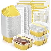 Ruckae 5oz 100 Pcs Square Mini Loaf Pans with Lids-Disposable Foil Dessert Containers,Mini Cake Pans with Lids,Aluminum Dessert Cups for Parties and Weddings (Gold, 5oz)