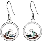 925 Sterling Silver Koa Wood and Abalone Shell Hawaiian Mauka to Makai Ocean Wave Dangle Hook Earrings, Nickel Free Hypoallergenic for Sensitive Skin, Gift Box Included