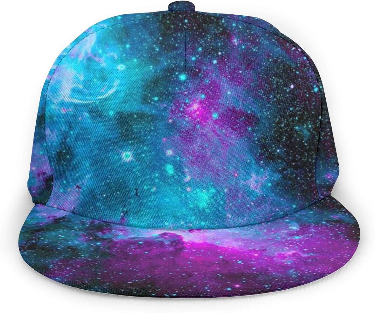 BWBFVPW Adjustable Snapback Hat Unisex Hip Hop Flat Brim Baseball Cap Blue and Purple Galaxy: Clothing