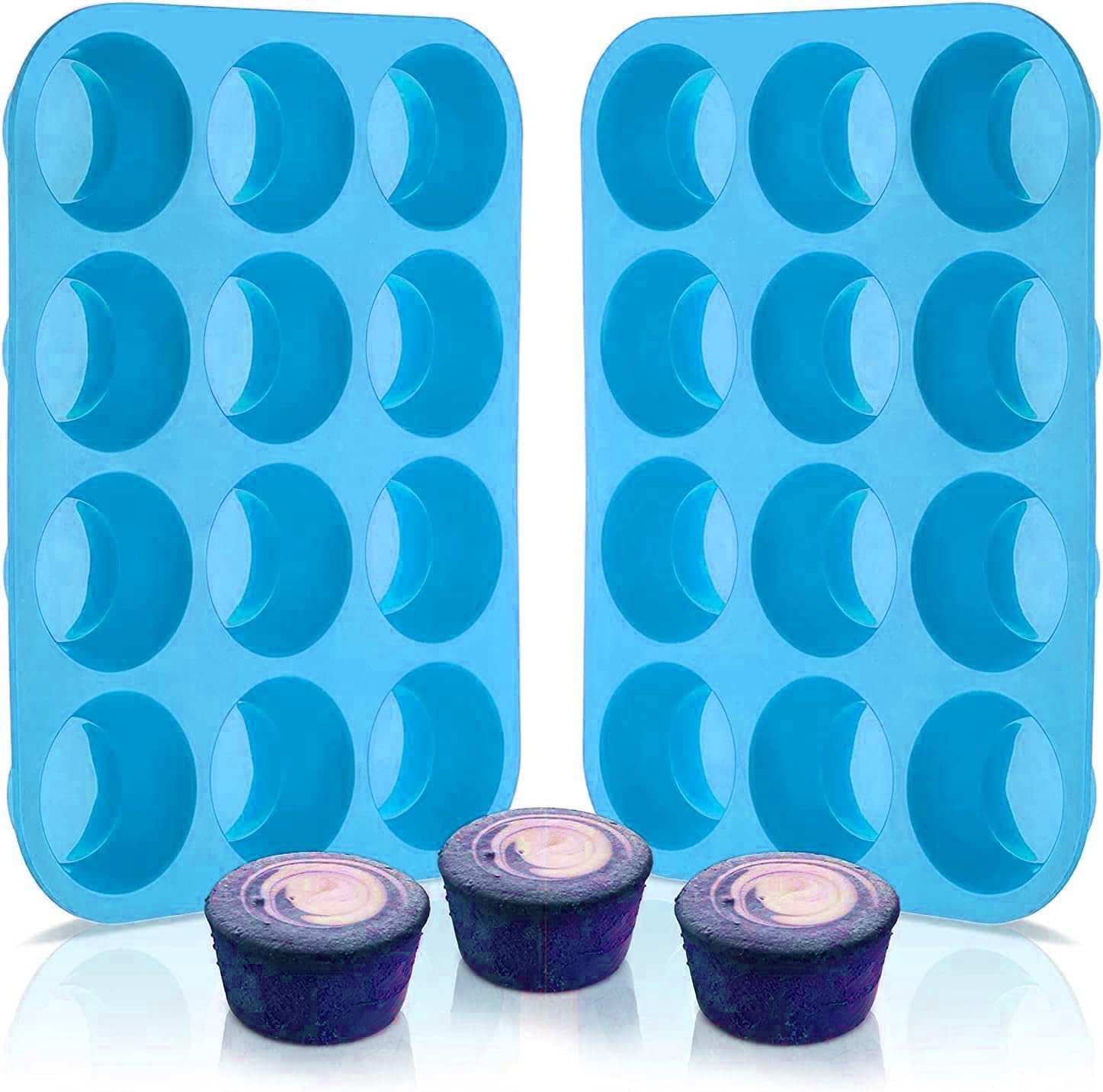 Selecto Bake 12 Cup Silicone Bun/Muffin Mould Cupcake Yorkshire Pudding Non Stick Tray Baking Blue, Pack of 2