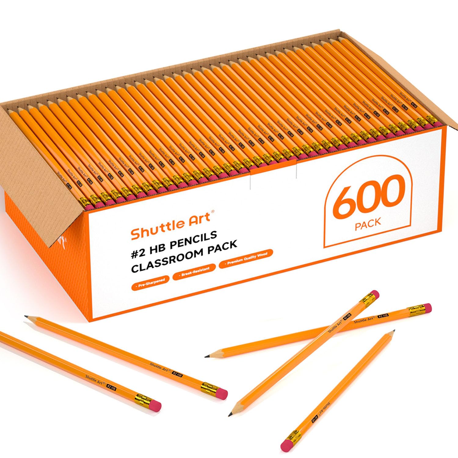 Shuttle Art Wood-Cased #2 HB Pencils, 600 Pack Sharpened Yellow Pencils with Erasers, Bulk Pack Graphite Pencils for School and Teacher Supplies, Writing, Drawing and Sketching