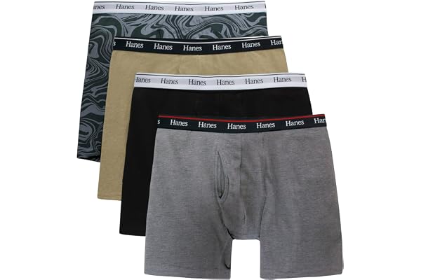 Hanes Originals Men’s Boxer Briefs, Stretch Cotton, Moisture-Wicking, Modern Fit Low Rise, Pack of 4, Grey/Black Assortment