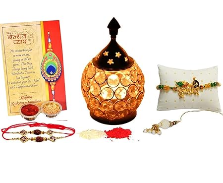 Collectible India - Rakhi Gift Combo Set - Rakhi for Bhaiya Bhabhi - Rakshabandhan Gift for Sister- Akhand Crystal Diya Oil Lamp/Krishna Rakhi/Lumba Rakhi/Rudraksh Rakhi/Greeting Card (Design 1)