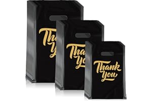 Jeyiour 300 Pcs Thank You Merchandise Bags Die Cut Plastic Shopping Bags with Handles Thank You Gift Bags Plastic Gift Bags Boutique Bags Goodie Bags for Party Stores, 3 Sizes (Black)