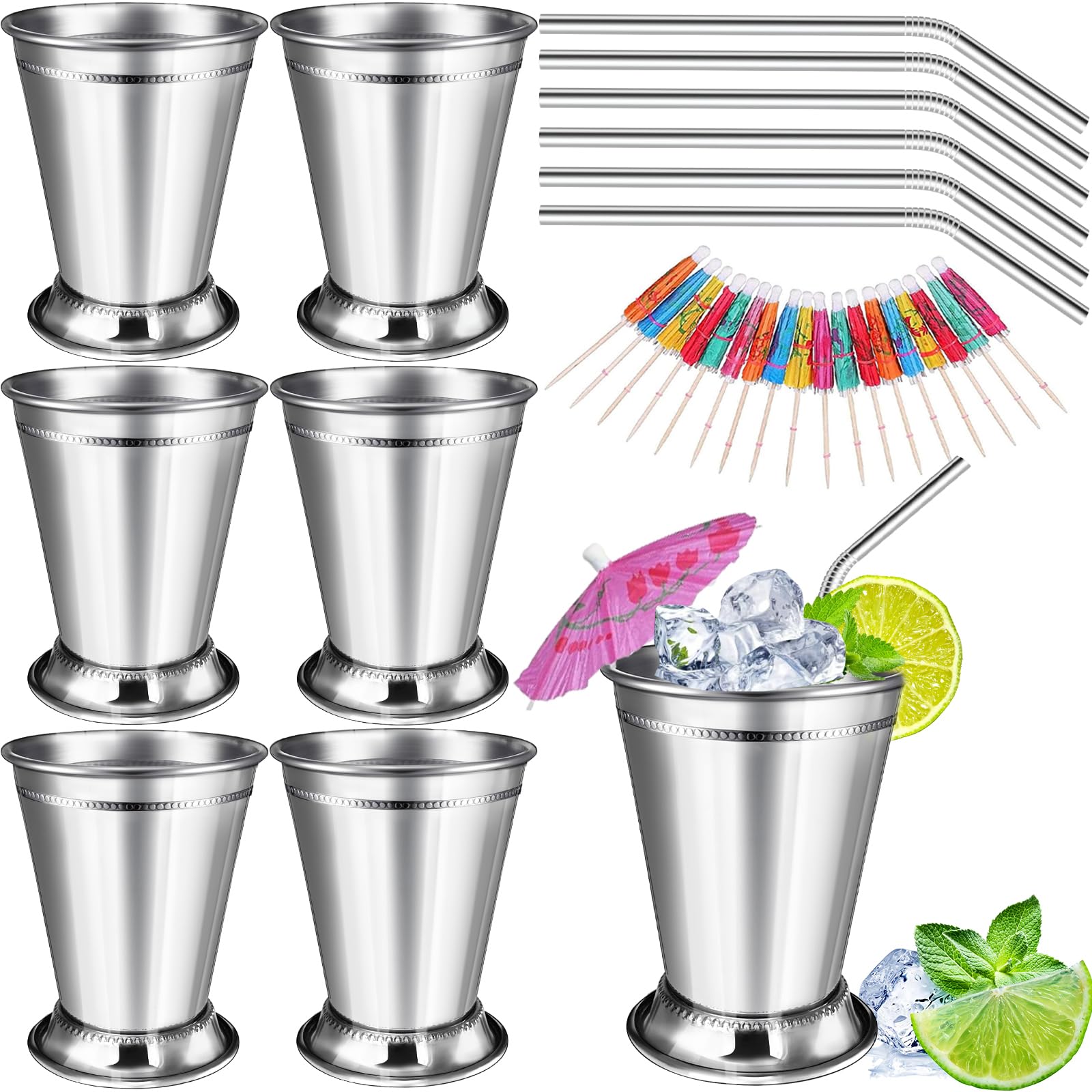 Photo 1 of *MINOR DAMAGE - USED*
6 Sets Mint Julep Cups Silver with Straws 12 oz Stainless Steel Drinking Cups Beaded Mint Julep Cups Metal Cocktail Glasses with Straws and Drink Picks for Mint Julep Cocktails Beer Juice Beverage