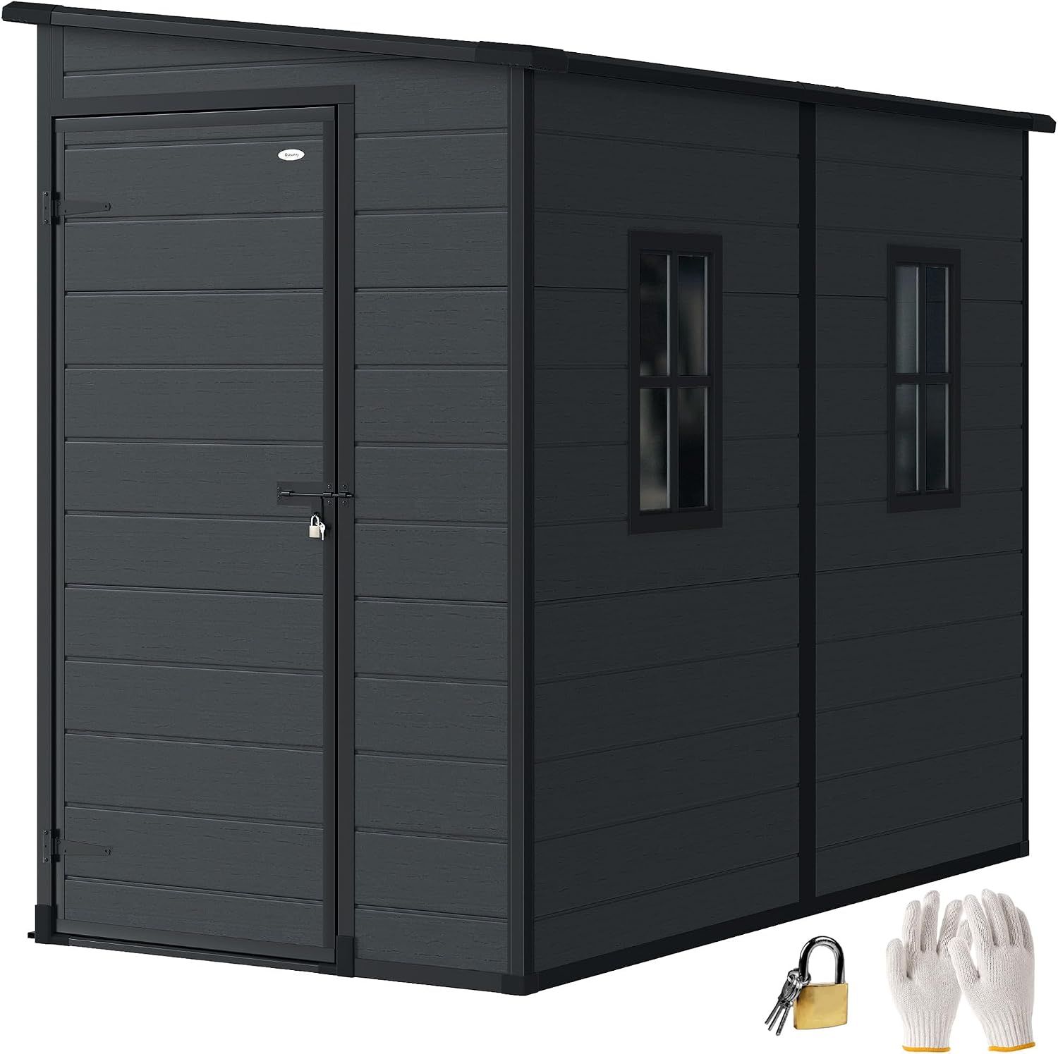Outsunny 4.3' x 8' Outdoor Storage Shed with Floor, Garden Shed with Lockable Doors and Windows for Backyard, Patio, Garage, Lawn, Dark Grey