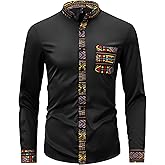 ZAFUL Men's Hipster African Tribal Graphic Patchwork Design Slim Fit Long Sleeve Button up Mandarin Collar Shirts (Black Tribal Graphic L)