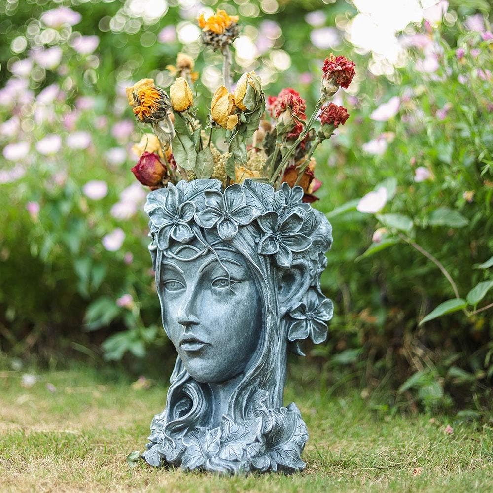 Sungmor Premium Resin Goddess Head Planter, 14”/35CM Tall Large Flower Pot, Beauty Face Figurine Ornament Container - Image 3