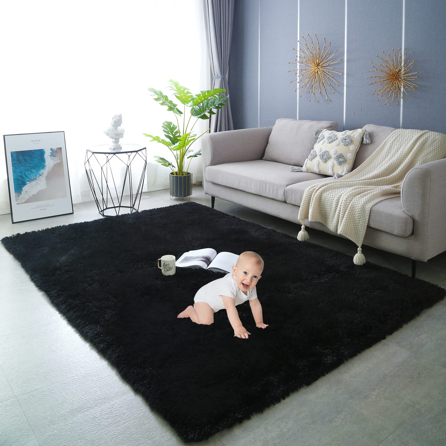 Gsogcax Black Rugs Living Room 120x160cm, Fluffy Area Rugs for Bedroom, Anti Slip Extra Large Shaggy Rug Floor Carpets for Kids