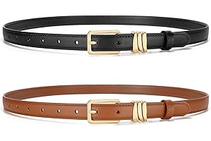 WHIPPY 2 Pack Women Skinny Leather Belt Ladies Black Thin Waist Belt for Dresses Jeans Pants with Gold Buckle and Metal Loops