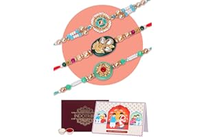IndoTribe, Rakhi For Brother with Gift Set - Set of 3, Rakhi For Brother with Card, Roli Chawal | Rakhi for Brother and Bhabhi | Rakhi For Brother | Bhaiya Bhabhi Rakhi | Raksha Bandhan Rakhi