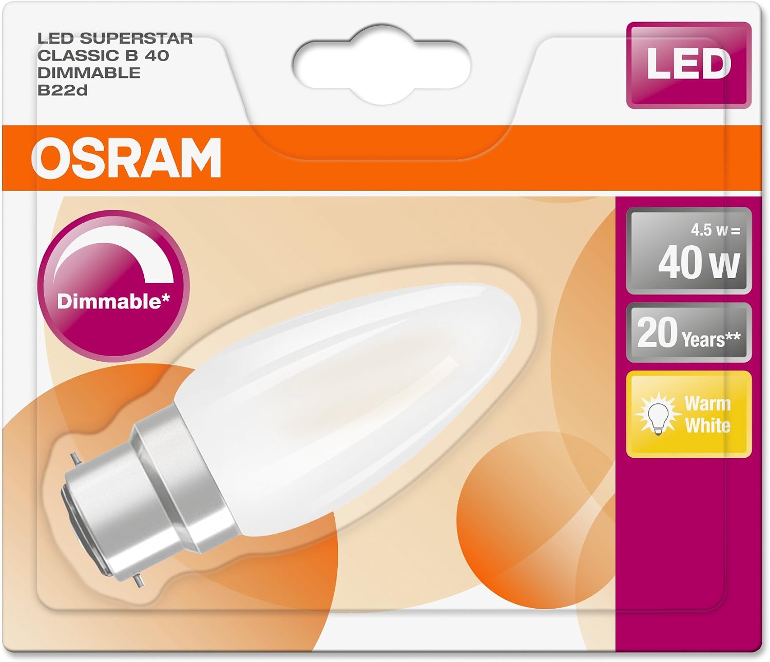 Osram Candle Shape Superstar Classic B LED Lamp, Glass, Warm White, B22d, 4.5 W, Set of 1 - Image 4