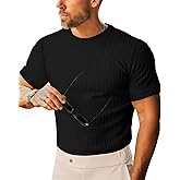 Beotyshow Men's Ribbed Knit T Shirts Short Sleeve Crew Neck Slim Fit Stretchy Muscle Shirts Basic Solid Tee Tops