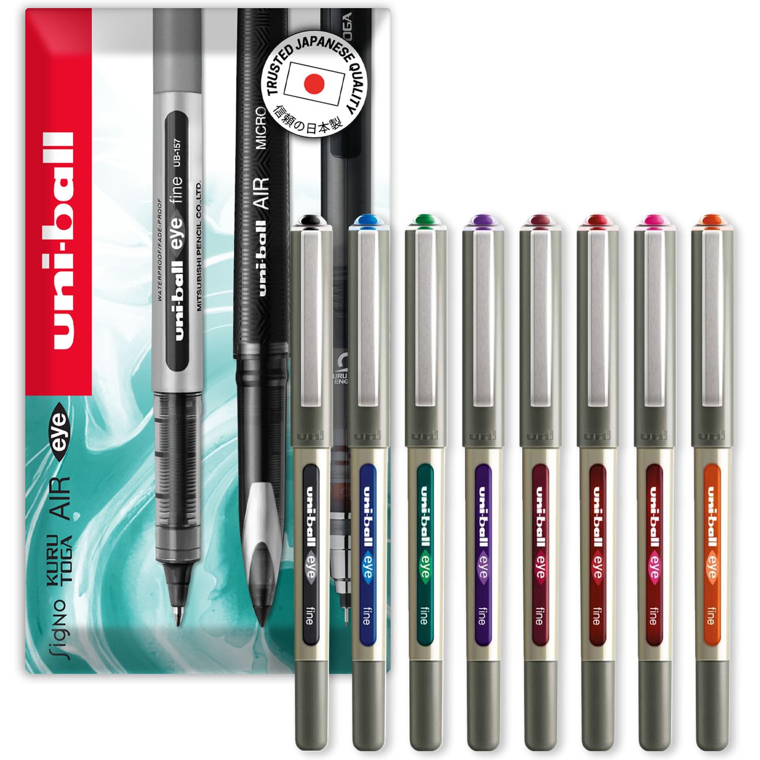 uni-ball EYE - UB-157E Rollerball Pens - 0.7mm Nib - Essential Set - Pack of 8 - In Envelope Gift Set Packaging
