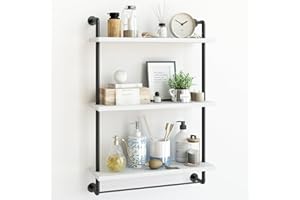 Fixwal 24in Over The Toilet Storage, 3 Tier Bathroom Shelves Wall Mounted, Rustic Wood Industrial Pipe Shelf, Floating Shelf Wall Decor for Bathroom, Living Room, Kitchen, Bedroom (White)