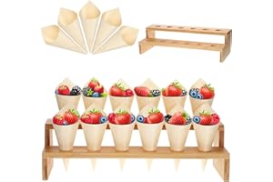 Queekay 100 Pcs Disposable Wooden Food Cones with 12 Holes Food Cone Display Stand Cone Holder for Charcuterie, Ice Cream, Catered Events, Party or Buffets (Beige)