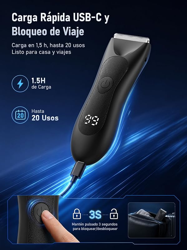 Afeitadora Corporal Masculina: Impermeable Depiladora Corporal Hombre, Seco y Húmedo, Luz LED Recorte Precisión para Axilas, Pecho, Piernas y Genitales, Pantalla Digital Batería, Bloqueo Viaje — foto 6 de 8