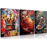 CEXYLVXR Teen Sports Wrapped Canvas Wall Art Set of 3, Graffiti Crown Basketball Sneaker Prints, Urban Street Style Wall Deco