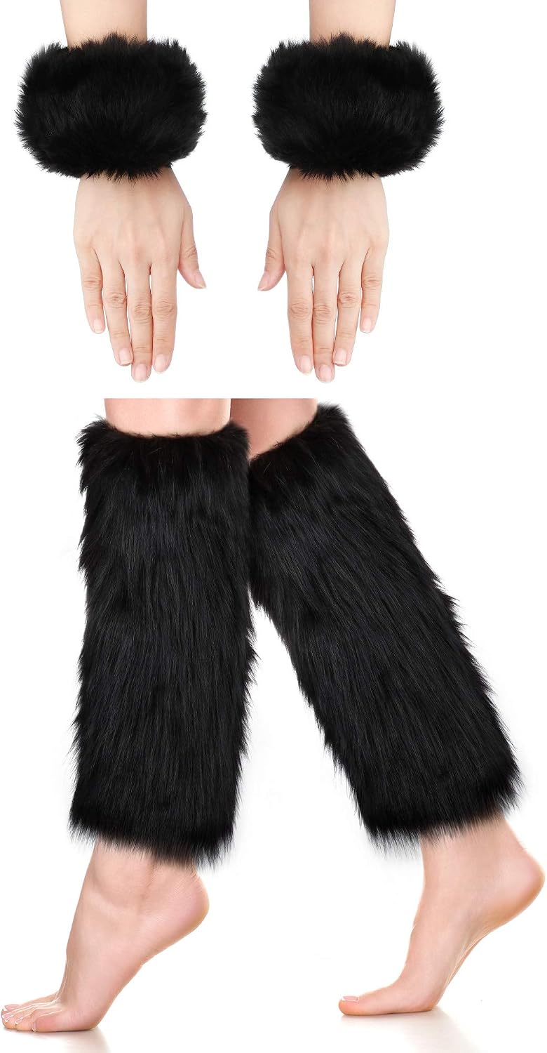SATINIOR 2 works Faux Fur Cuffs Furry Long Leg Warmer Wrist Cuff Warmer Boot Cuff (Black)