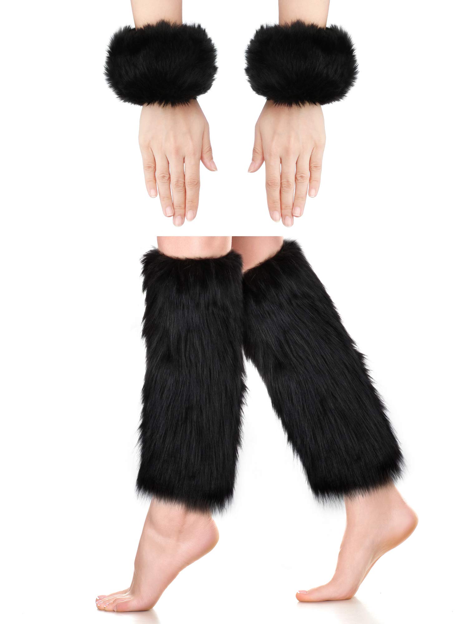SATINIOR 2 Pairs Faux Fur Cuffs Furry Long Leg Warmer Wrist Cuff Warmer Boot Cuff (Black)