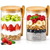 Npmkx Overnight Oats Containers With Lids and Spoons, 2pack Glass Jars with Bamboo Lids, Leak-Proof Overnight Oats Jars for C