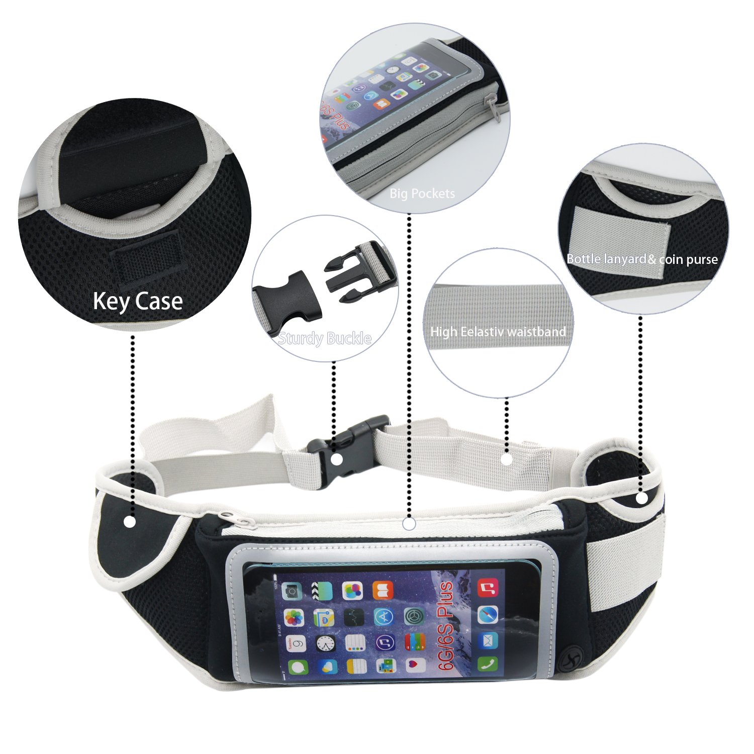 Running Belt Bag with Touchscreen Black Waterproof Slim Fit Belt for Iphone 7/7 Plus 6/6s/6 Plus Size Below 5. 5 inch for Gym Workouts Exercise Cycling Walking Jogging Yoga port, Outdoor Activities