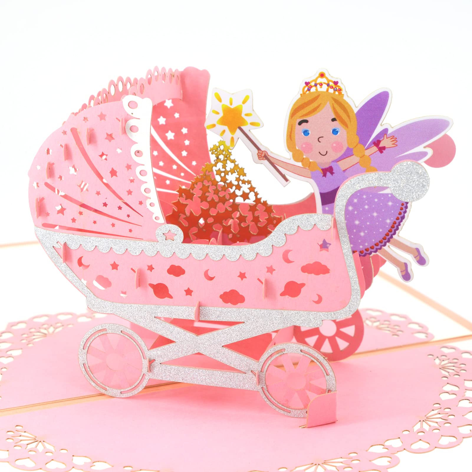 Fassory 3D Pop-up New Baby Greeting Card, Baby Shower Card, Fairy Bless Baby Pram Congratulations Card for Newborn Boys/Girls, Baby Birthday Card (Pink Orange)