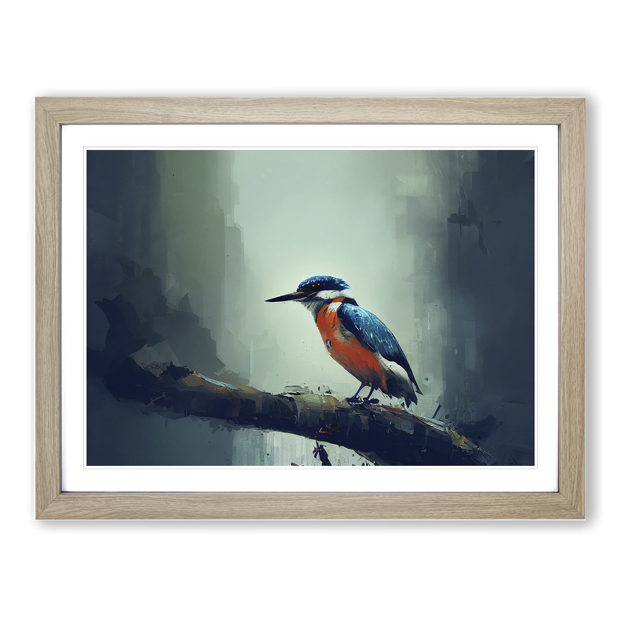 Kingfisher Bird Art Painting Vol.7 Framed Print | A4 Oak Framed Wall Art | Ready to Hang | Modern Historical Picture | Living Room Bedroom Lounge Office