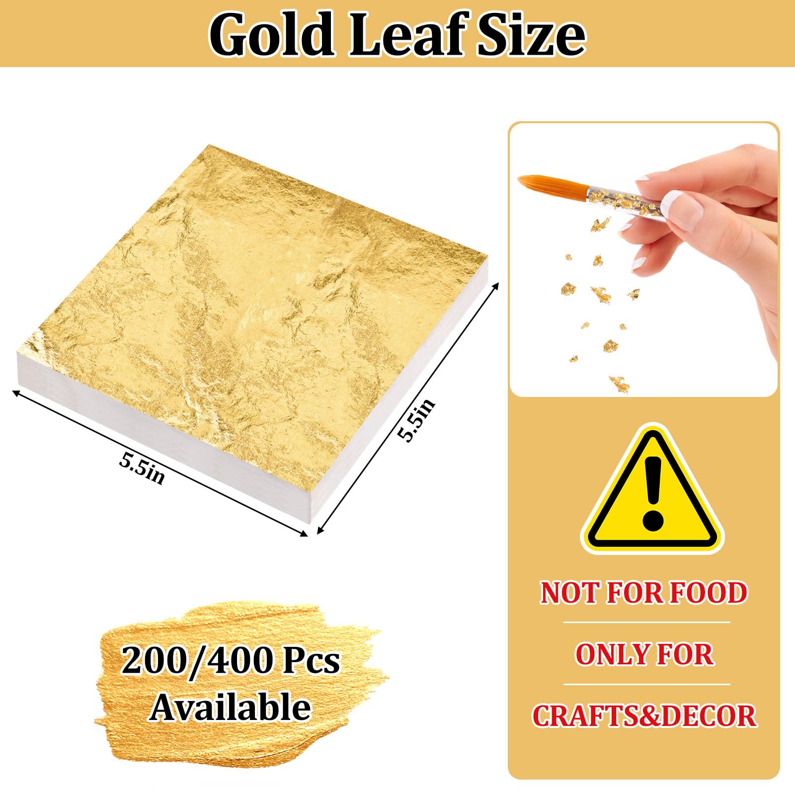 Gold Leaf Sheets, 200/400 Pcs Available, Gold Foil Sheets, Gold Flakes for Art & DIY Projects, Resin, Gilding Crafting, Nails, Furniture, Home Decor - 5.5
