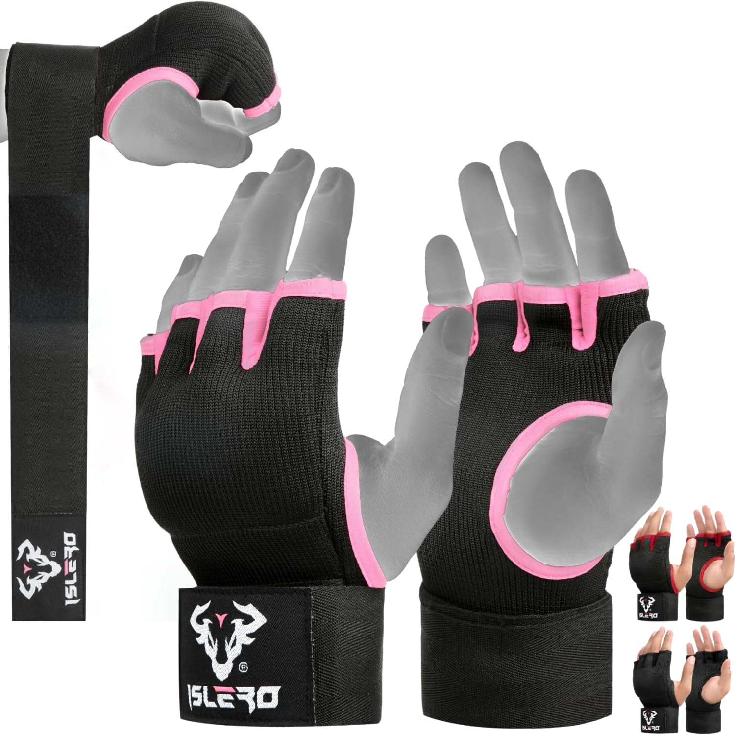 Islero boxing hand wraps 93cm Quick Long wrist straps Gel Inner gloves Elasticated Fist Protection Padded Muay Thai MMA Martial Arts Punching Speed Bag Training Bandages (S/M, Pink)