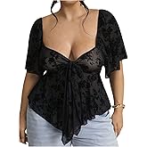 BEAUDRM Women's Plus Size Floral Lace Blouse Tie Front Sweetheart Neck Rufle Sleeve Vacation Shirt Tops