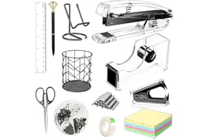 FAMASSI Office Desk Accessories, Acrylic Stapler, Staple Remover, Tape Holder, Pen Holder, Ballpoint Pen, Scissor, Binder Clips, 1000pcs Staples, Phone Holder, Ruler, Transparent Glue and 300 Notes