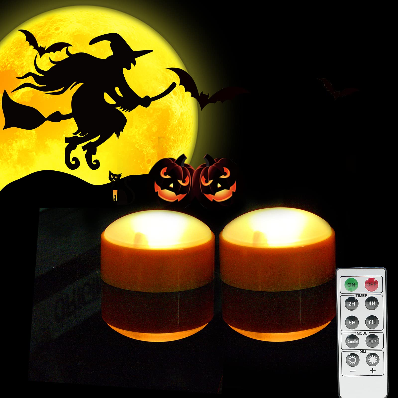 Photo 1 of 2 Pack Halloween LED pumpkin Lights with Remote and Timers Battery Operated Jack-O-Lantern Lights Bright Flickering Flameless Electric Candles for Halloween Decor Holiday Decorations Orange Color
