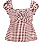 winkbay Women's Y2k Plaid Gingham Puff Sleeve Tops Summer Sweetheart Neckline Cute Blouses Going Out Outfits