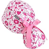 Scrub Caps Women Ponytail – Pink Ribbon – Breast Cancer Awareness Double-Sided Printed Surgical Hat with Buttons and Sweatband, Soft Ponytail Scrub Cap for Long Hair, Helps Reduce Static Buildup