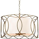 HYDELITE Brass Drum Pendant Light Drum Chandelier 3-Light Dining Table Fixture with White Linen Diffuser