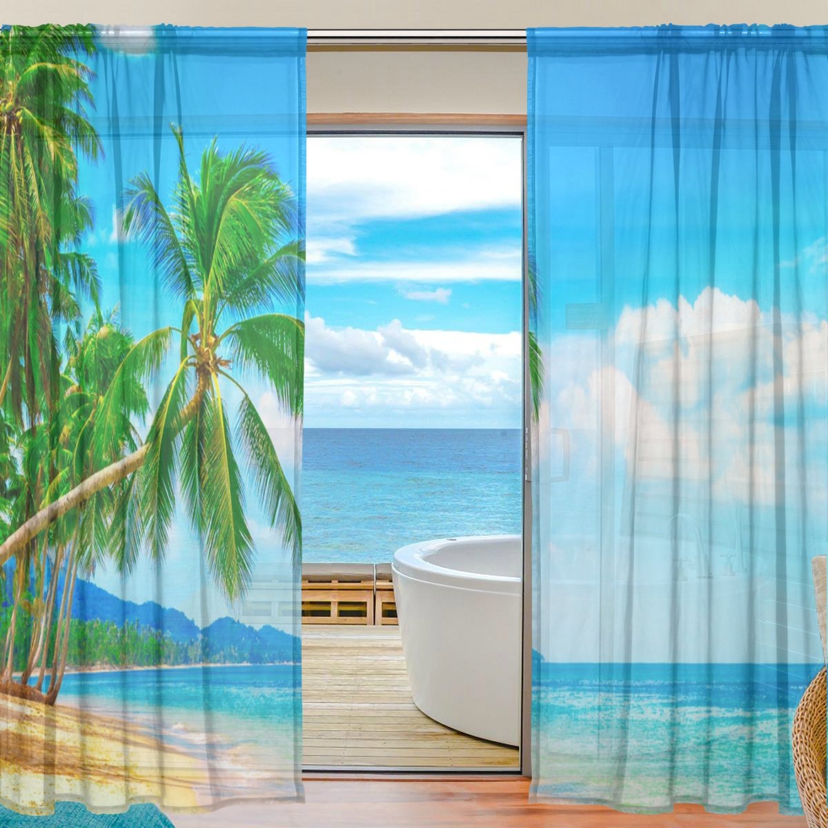WOZO Tropical Palm Tree Window Sheer Curtain Panels 55"x 84