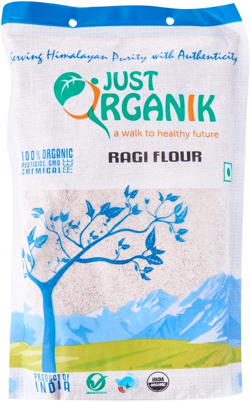 Just Organik Ragi Flour 1 lb (454 gm), 100% Organic, GMO Free, Chemical Free, Pesticide Free, USDA Certified
