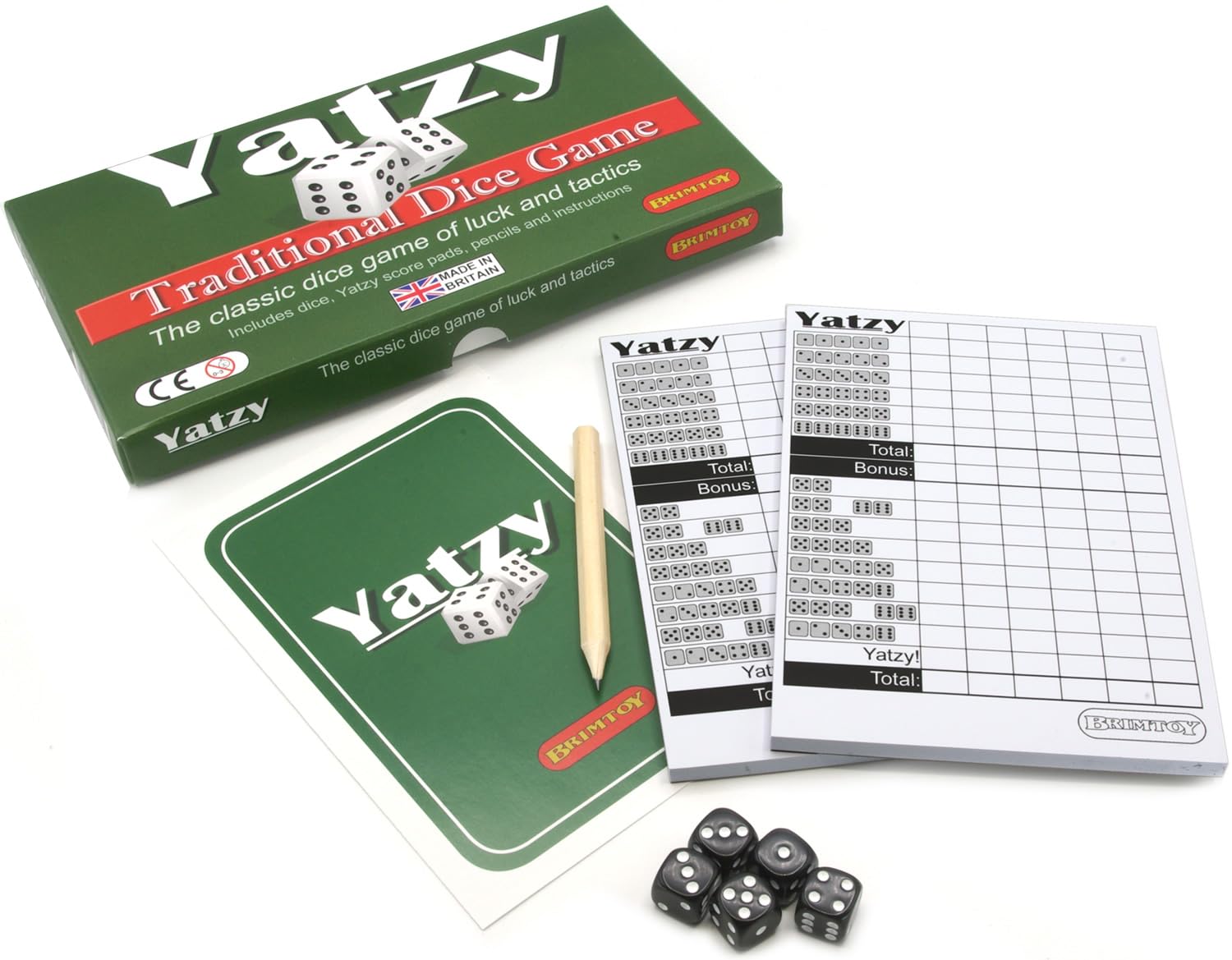 Brimtoy Yatzy Traditional Dice Game, Game of Luck and Tactics, Roll the Dice to Score Points, Can Be Played with Any Number of Players, Supplied with Score Pads Dice and Rules