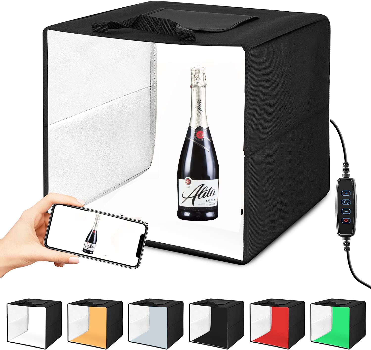 BEIYANG Photography Shooting Tents 12x12IN, Folding Photo-Box Booth PVC Shooting Kit, with 128 Dimmable LED Lights and 6 Colors Photo Backdrop Papers, Easy to Install and Clean