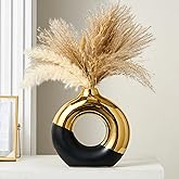 FJS Ceramic Donut Vase, 10" L x 10" H Black and Gold Round Vase for Pampas Grass, Nordic Modern Vases for Decor, Ceramic Vase