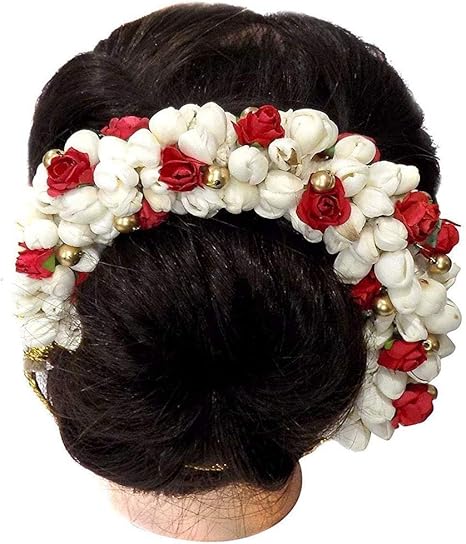 Weddings New Indian Hair Accessories White Golden Gajra Bun Juda Artificial Flower Jewelry Handmade Costume Veni Bun Tiara For Women Festive Wear Hair Accessories