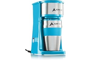 AdirChef Mini Coffee Maker - Single Serve Coffee Maker, 15 oz. Travel Coffee Mug Coffee Tumbler & Reusable Coffee Filters - Ideal for Home, Office, Outdoor & More - Blue