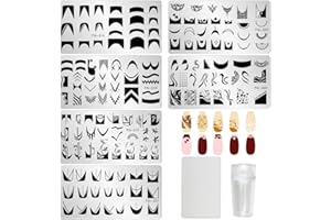 AddFavor 6pcs Nail Stamper Kit French Nail Stamping Plate Heart Geometric Image Nail Stencils with Silicone Nail Stamp and Scraper for Women Nail Design Tools
