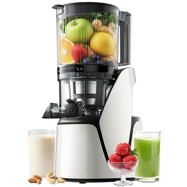 EANORUUS JUICER MACHINES, 3-IN-1 COLD PRESS JUICER WITH 6.5″ EXTRA LARGE CHUTE, 100OZ LARGE CAPACITY, AC MOTOR, MAKES JUICE, NUT MILK & SORBET, BRIGHT WHITE