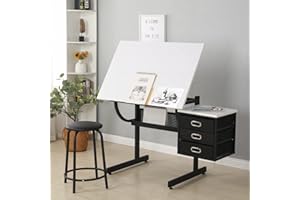 Gagawin Adjustable Drafting Table, Drawing Desk w/Stool and 3 Storage Drawers, Art Table for Artists/Architect/Art Hobbyist, Design for Sketch Painting Artistic Craft Supplies, Type 5-White